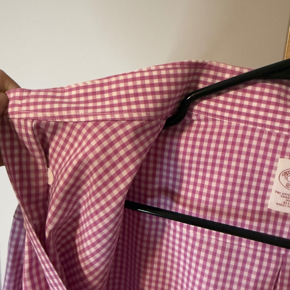 Brooks Brothers Non-Iron Gingham Shirt Mens L Fuchsia White Traditional Fit Polo - Picture 5 of 10